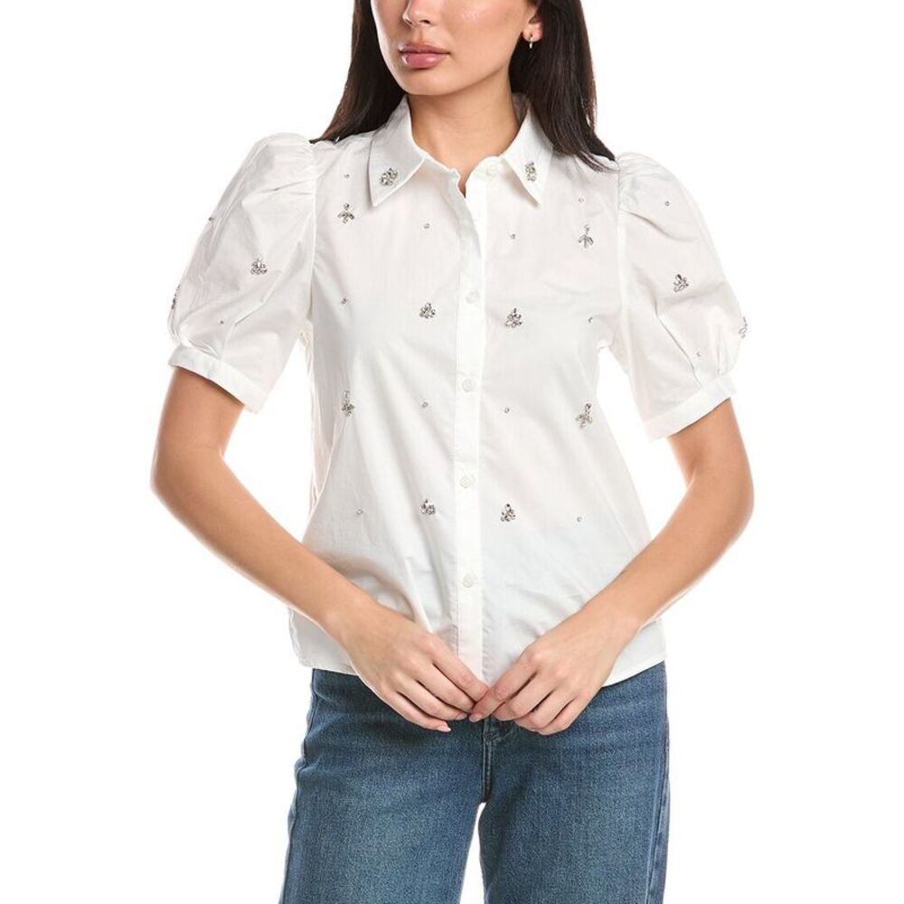 Stellah Womens  Nadia Jewel Trim Button Down Shirt, White